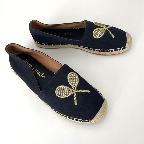 Kate Spade Doubles Tennis Racket Embroidered Canvas Espadrille Flat Black Gold 9 - Picture 6 of 8